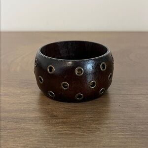Wide Wood Studded Bangle Bracelet – Brown Boho Vintage Metal Eyelet Detail